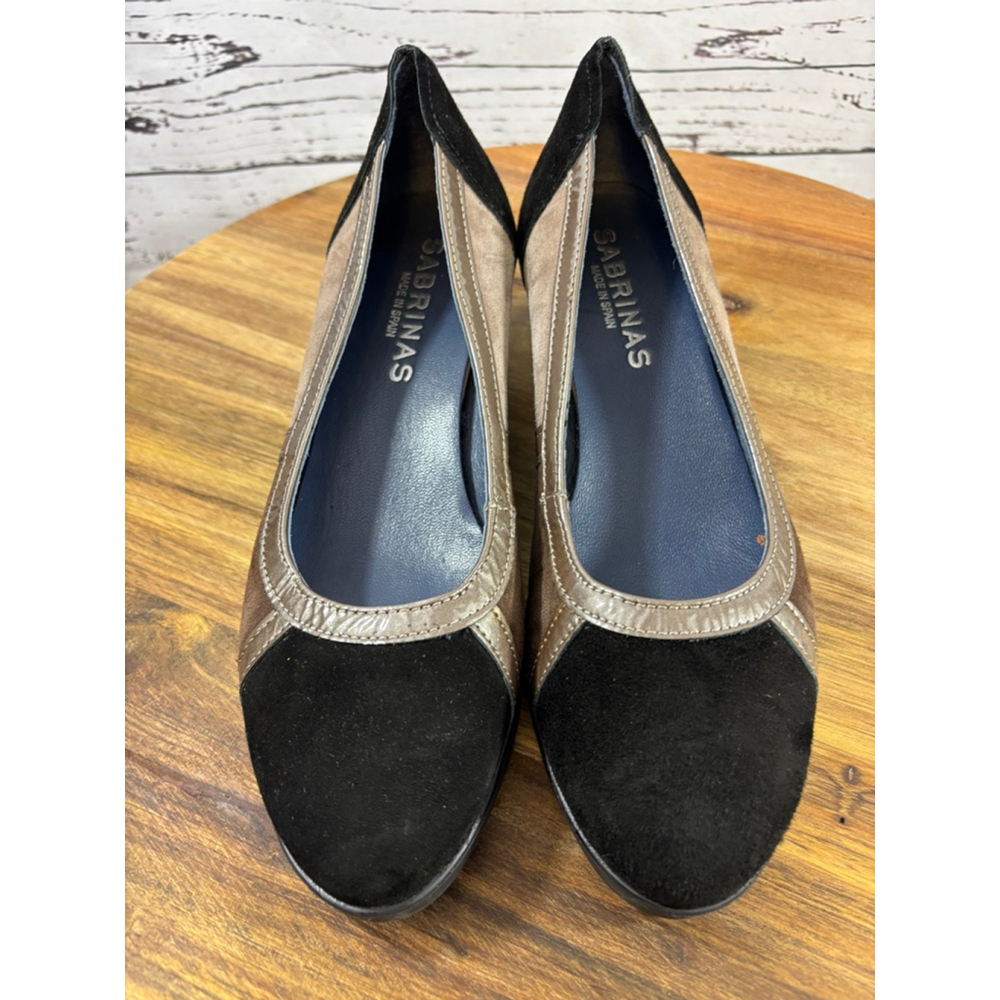 Women's Sabrinas Black Beige Suede Wedge Shoes Size 7.5